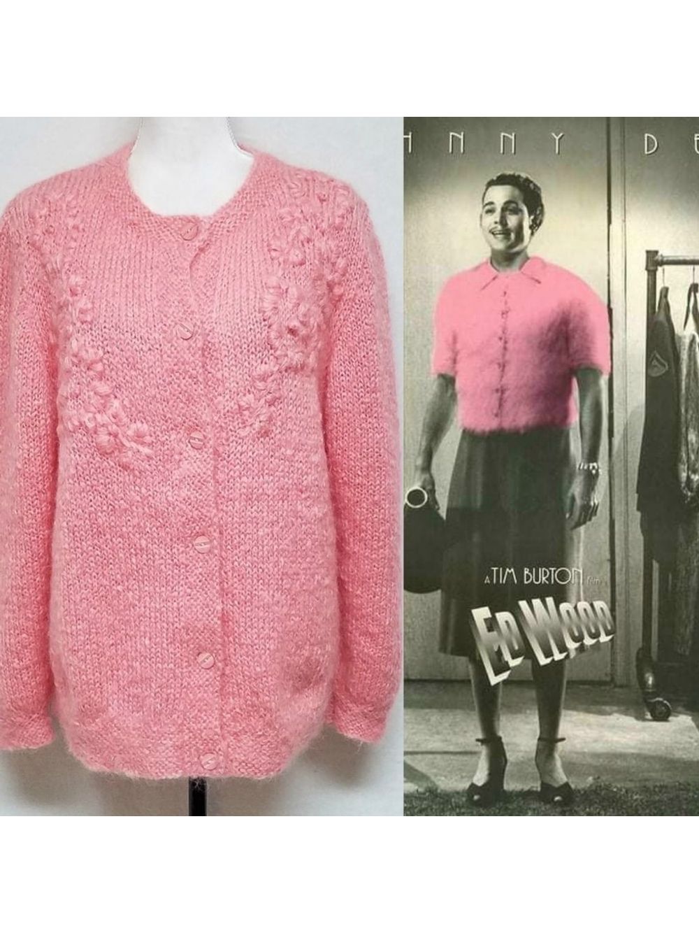 1950s Vintage Ed Wood Flaherty Imports Pink Knit Mohair Button Up Cardigan Med
